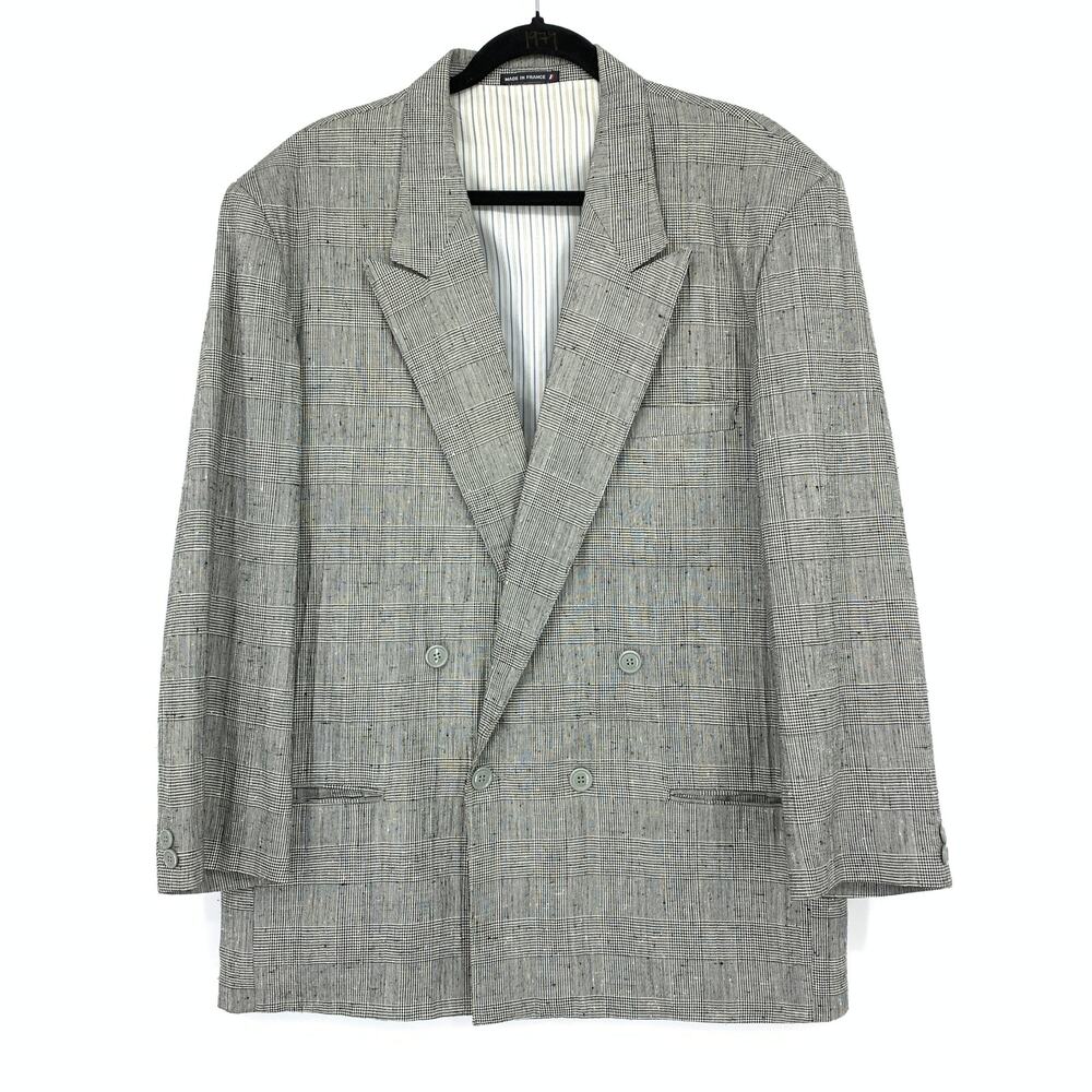 Vintage Alessandro Paris Mens Blazer 42R Gray Check Double Breasted Sport Coat
